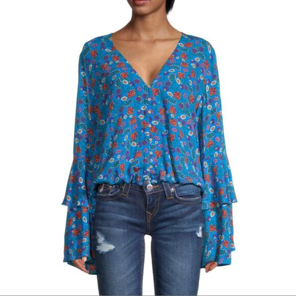 Intimately Free People Bodysuit M Azure | She’s Dainty Floral Bell Sleeve V-Neck - Picture 1 of 8